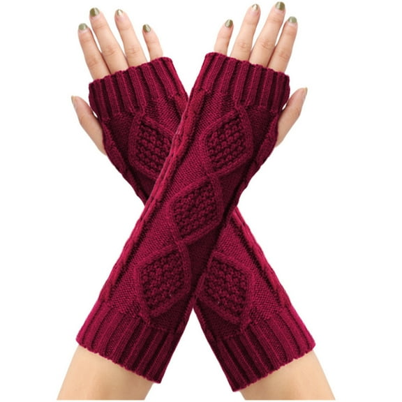 Tao Tao Women Knit Arm Warmer Long Fingerless Knit Gloves Winter Mitten Gloves Thumb Hole Gloves Winter Thick Warm Solid Color Arm Warmer Burgundy Free Size