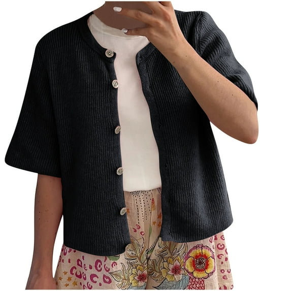 Tao Women Knitted Button Down Short Sleeve Tops Y2K Solid Color Crew Neck Loose Sweater Cardigan Going Out Knit Tops Black2XL