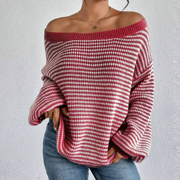 Tao Women Off Shoulder Sweater Long Sleeve Knit Sweater Loose Pullover Jumper Tops RedS
