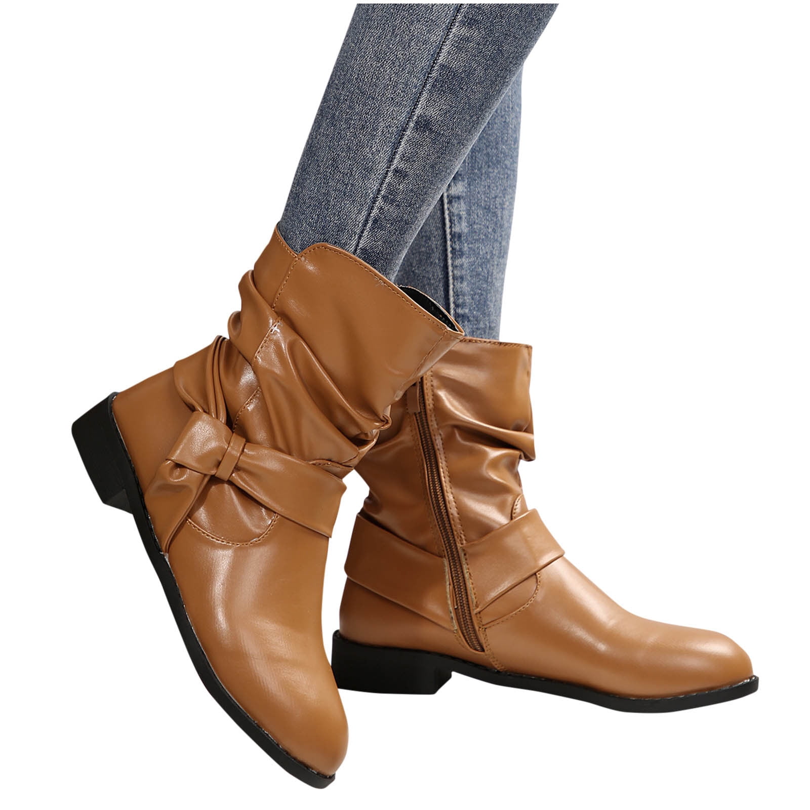 Tao Tao Women'S Fold Over Chunky Low Heels Ankle Boots With Side