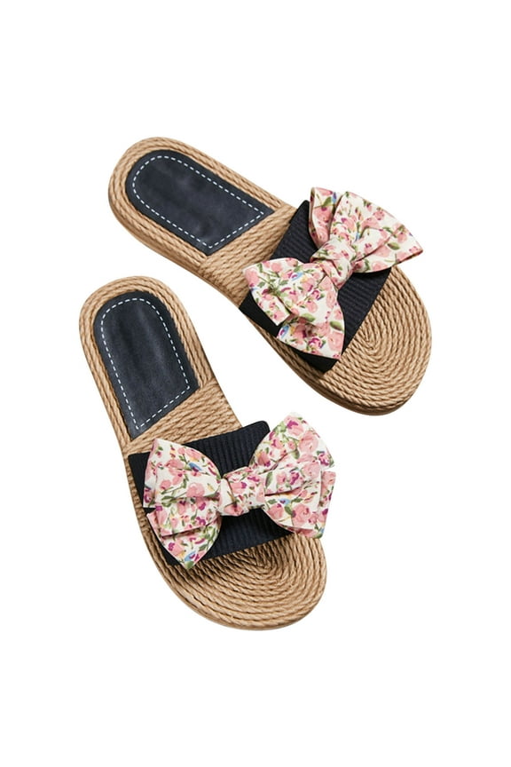 Women's Bow Decor Single Band Slide Sandals Summer Beach Slip On Flat Sandals Indoor Outdoor Sandals Summer Beach Flats, Non-slip Vacation Slides Pink 35