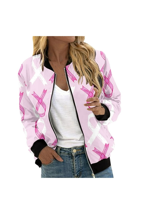 Tao Women's Breast Cancer Jacket Star/Pink Ribbon Print Long Sleeve Full Zip Breast Cancer Awareness Fashion Soft Top Pink2XL