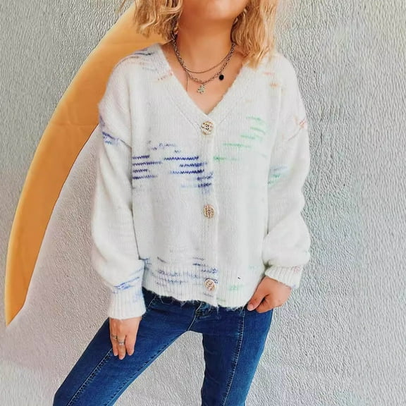 Tao Women's Button Cardigan Sweater Long Sleeve V Neck Open Front Loose Outwear Solid Color Cropped Knit Sweaters WhiteXL