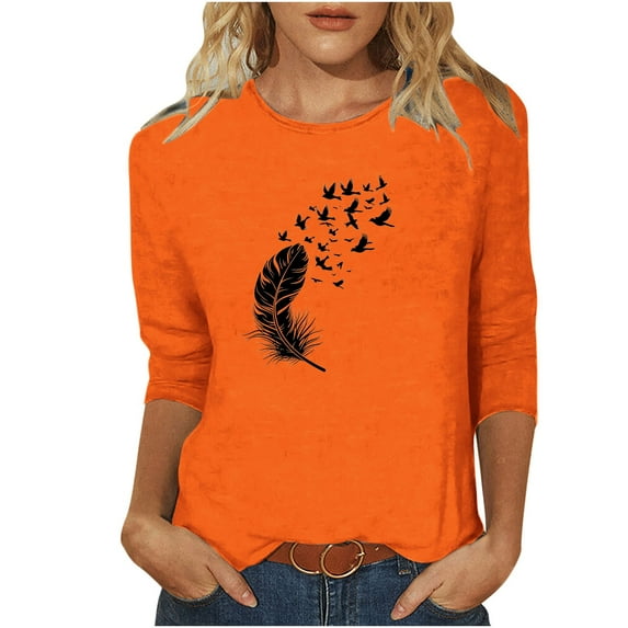 Tao Women's Casual Tops 3/4 Sleeve T-Shirts Cute Prints Crewneck Basic Business Tees Fashion Blouses Orange2XL