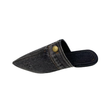 Tao Tao Women's Flat Mules Closed Pointed Toe Backless Slip-On Loafers Ladies Denim Baotou Clogs Half Slides Cap-Toe Solid Color Women's Sandals Black 41