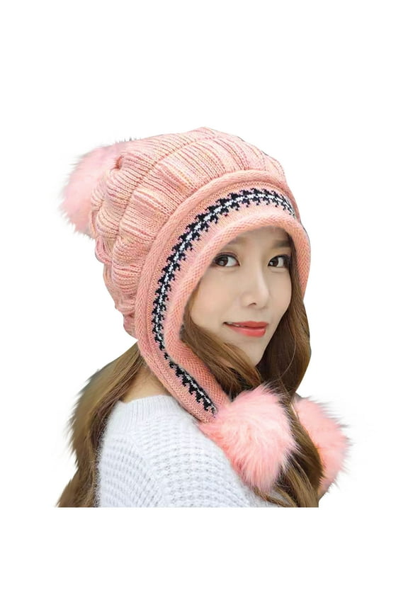 Tao Women's Girls Cute Winter Cozy Earflap Knitted Pom Pom Ski Cap Hat Beanies PinkFree Size