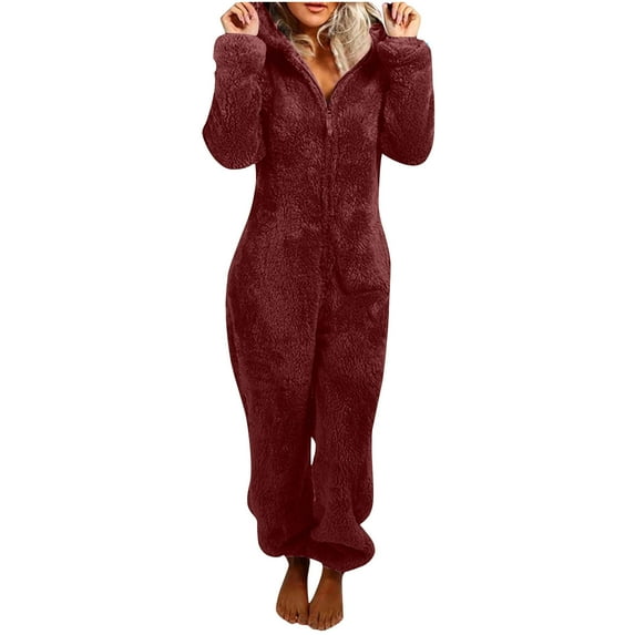 Tao Women's One Piece Sherpa Pajamas Fleece Fuzzy Romper Zipper Cute Hooded Jumpsuit Pajama Loungewear BurgundyM