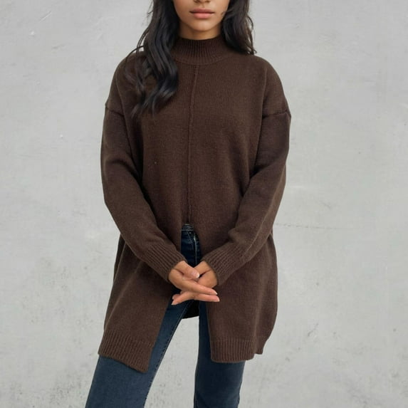 Tao Women's Oversized Mock Neck Sweaters Dresses Front Slit Slouchy Long Sleeve Knit Fall Solid Color Fashion Pullover Jumper CoffeeL