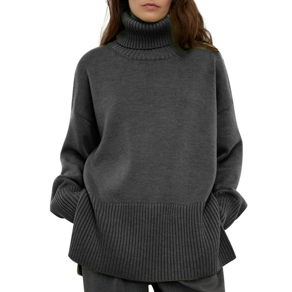 Tao Women's Turtleneck Oversized Sweaters Fall Long Batwing Sleeve Spilt Hem Tunic Pullover Sweater Solid Color Knit Tops Dark GrayL