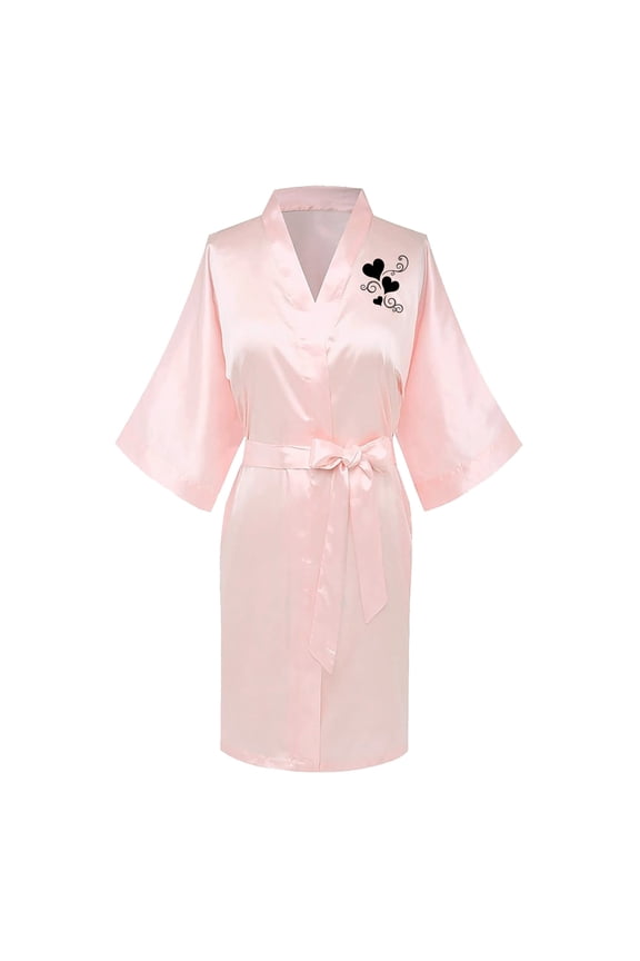 Women's Valentine's Day Silk Satin Robes Heart Print Bridesmaid Robes Short Bath Robe Fashion Nightgown 3/4 Sleeve Mini Bathrobes Sleepwear Pink M