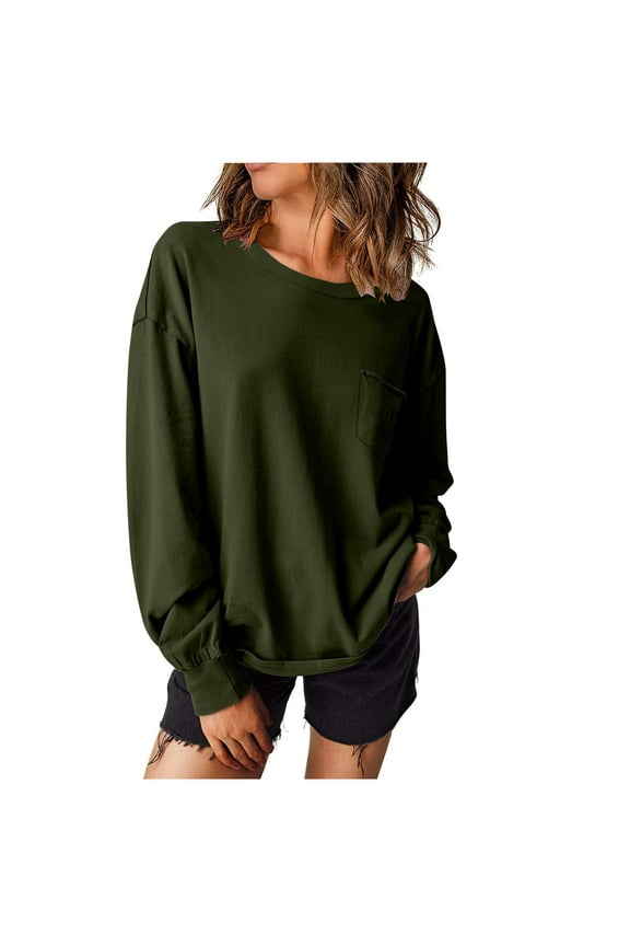 Tao Womens Casual Fall Tops Crewneck Long Sleeve Shirts Dropped Shoulder Loose Fit Basic T Shirts Cotton Tee Clothes Olive GreenL