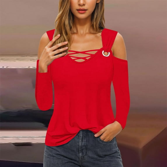Tao Womens Cold Shoulder Tops and Blouses, Long Sleeve Shirts Criss Cross Scoop Neck Tops Fall Clohtes 2024 Trendy RedM