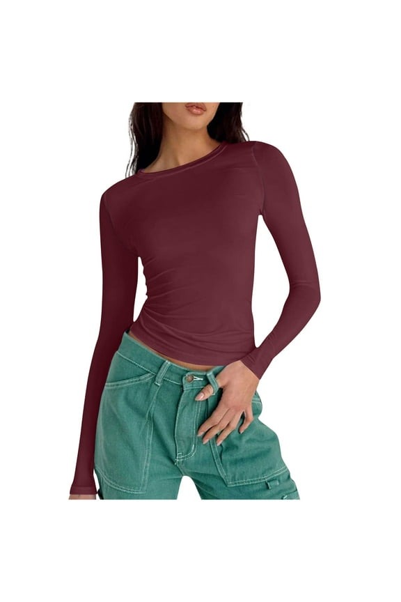 Tao Womens Long Sleeve Shirts Basic Crop Tops Tight Slim Fit Cute Teen Girls Fall Winter Y2k Clothes 2024 BurgundyXS