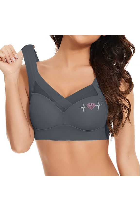 Womens Seamless Bras Deep Cup Full Back Coverage Hides Back Fat Comfort Wirefree Shaper Bra Heart Prints Sleep Yoga Bralette Stretch Bras Gray L