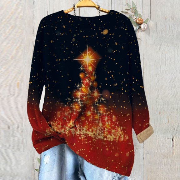 Tao Womens Sweaters Casual Long Sleeve Christmas Tree Print Knitted Sweater Sequin Xmas Crewneck Sweatshirt Tops RedL