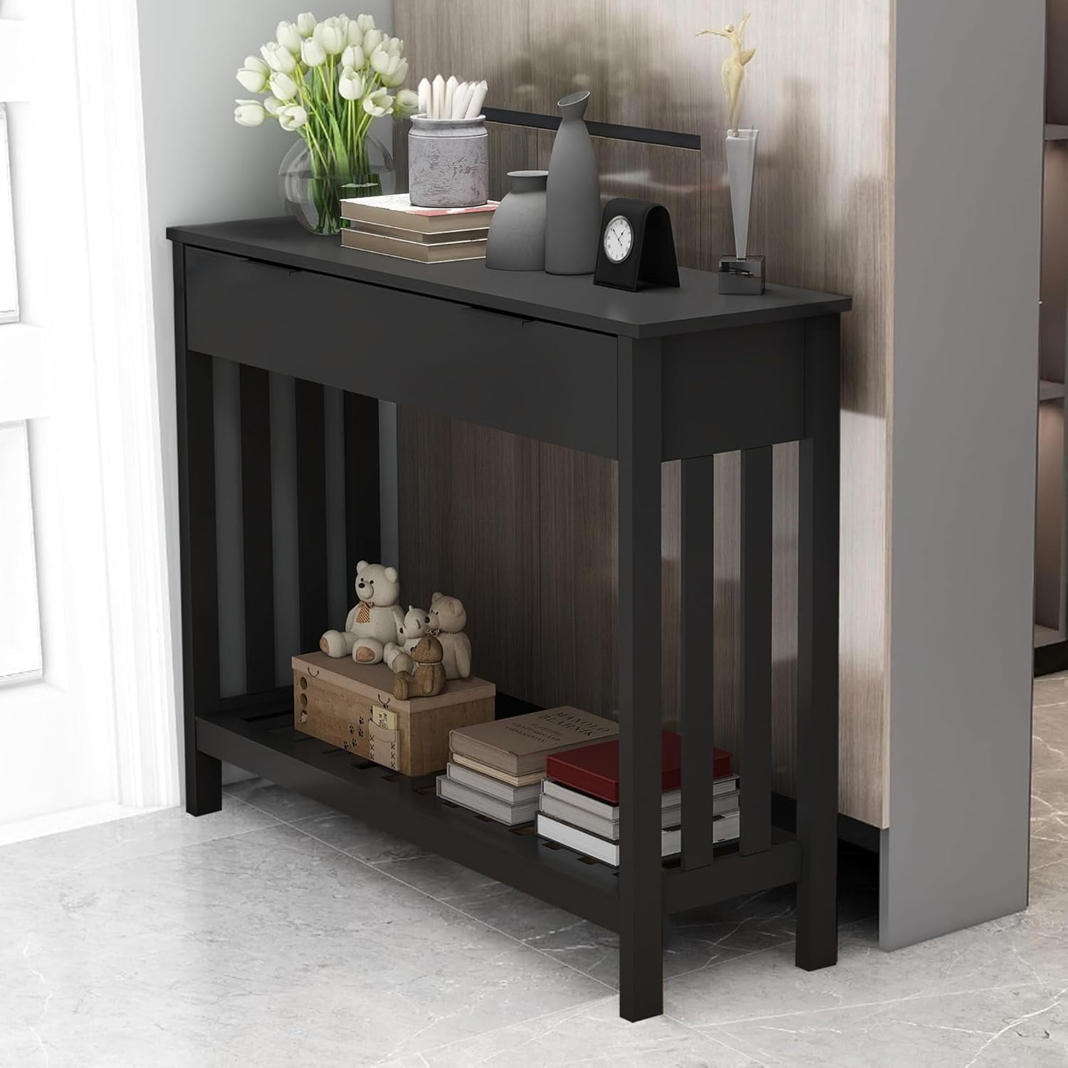 63-Inch Black Console Table With Storage – Modern Entryway, Sofa Table With Grooved Design For Living Room Or Hallway