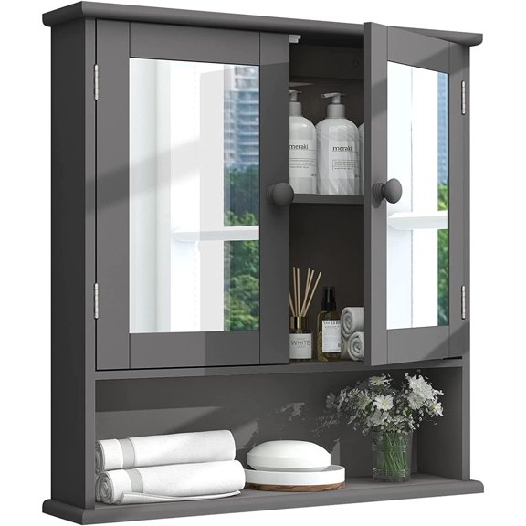 TaoHFE Blue Medicine Cabinet with Mirror, 2 Doors & 3 Open Shelves - Wall Mounted Wooden Storage Cabinet for Bathroom, Laundry or Kitchen