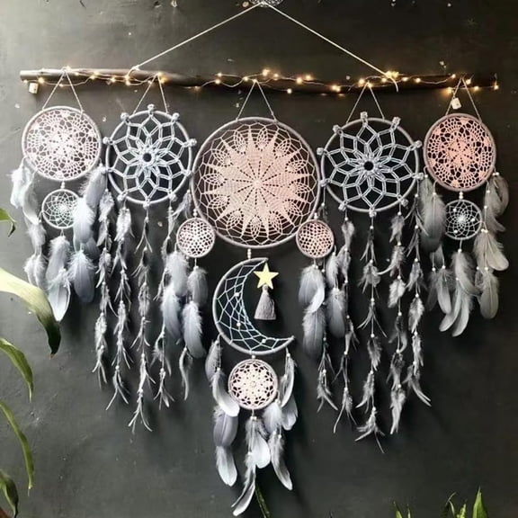 TaoLeHui 5-Pack Large Boho Dream Catcher Set, Moon and Sun Wall Art with Chakra Stones, Handwoven Cotton & Owl Feathers for Nursery Bedroom Meditation Room Decor