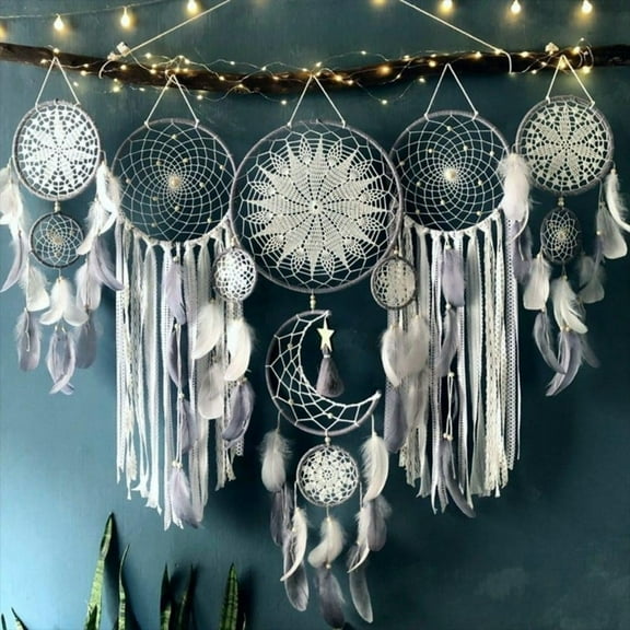 TaoLeHui 5-Pack Large Boho Dream Catcher Set, Moon and Sun Wall Art with Chakra Stones, Handwoven Cotton & Owl Feathers for Nursery Bedroom Meditation Room Decor