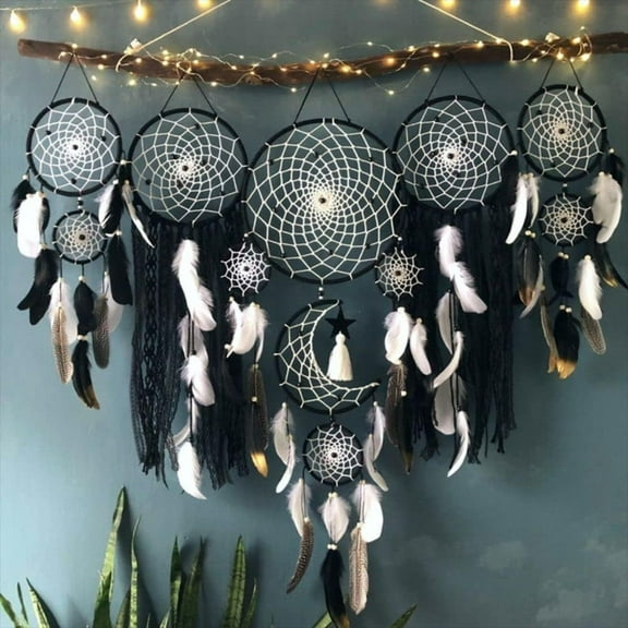 TaoLeHui 5-Pack Large Boho Dream Catcher Set, Moon and Sun Wall Art with Chakra Stones, Handwoven Cotton & Owl Feathers for Nursery Bedroom Meditation Room Decor