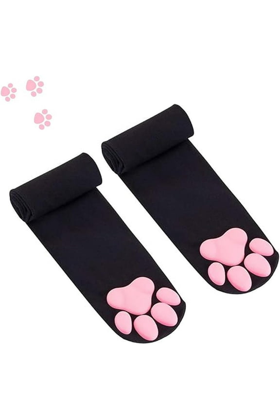 Kawaii 3D Cat Paw Knee-High Stockings, Velvet Thigh High Socks with Paw Prints, Thermal Lining for Cold Weather & Anime Conventions