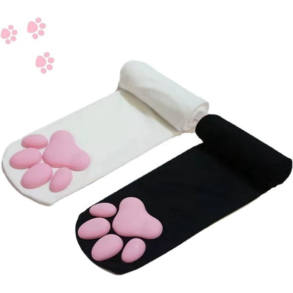TaoLeHui Kawaii 3D Cat Paw Knee-High Stockings, Velvet Thigh High Socks with Paw Prints, Thermal Lining for Cold Weather & Anime Conventions