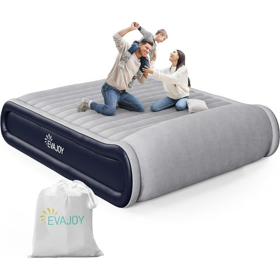 Evajoy Air Mattress Queen with Built-in Pump, Inflatable air Mattress with Raised Pillow, Double High Airbed Headboard, 2 Mins Quick Inflation/Deflation, Comfort Blow Up Flocked Top for Home, Camping