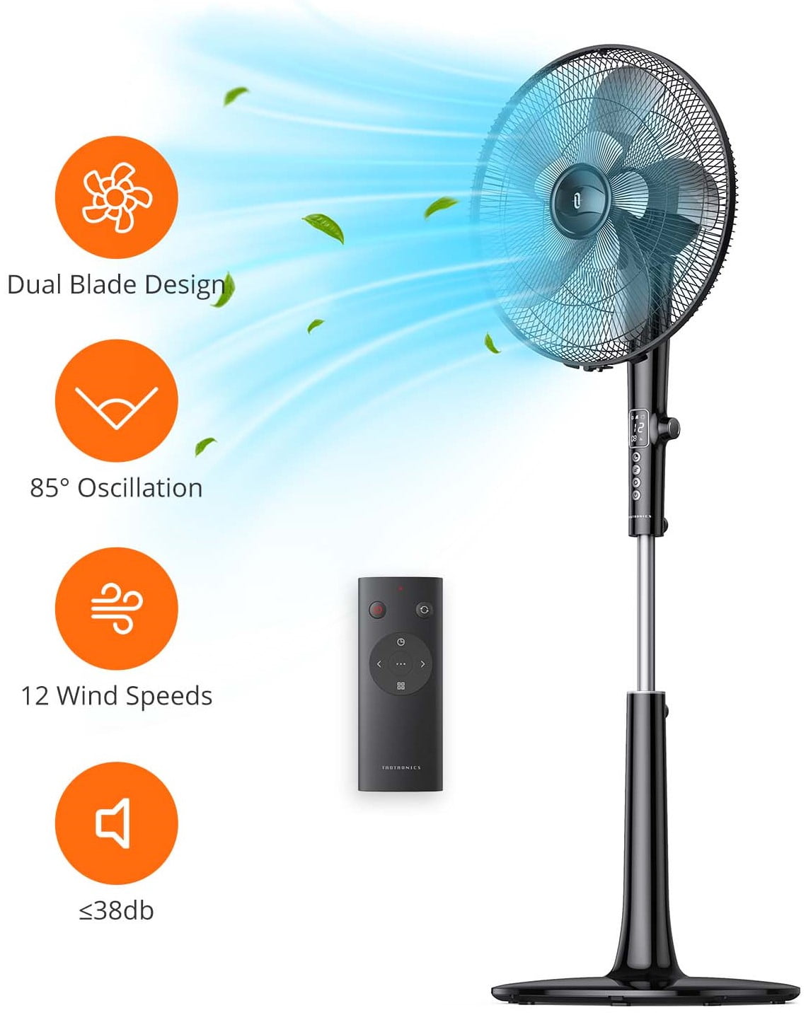 TaoTronics Pedestal Fan, 16" Adjustable Oscillating DC Fan with Remote, 12-Speed, 3-Modes, Less Noise Cooling Fan, Back to School Gift, Black
