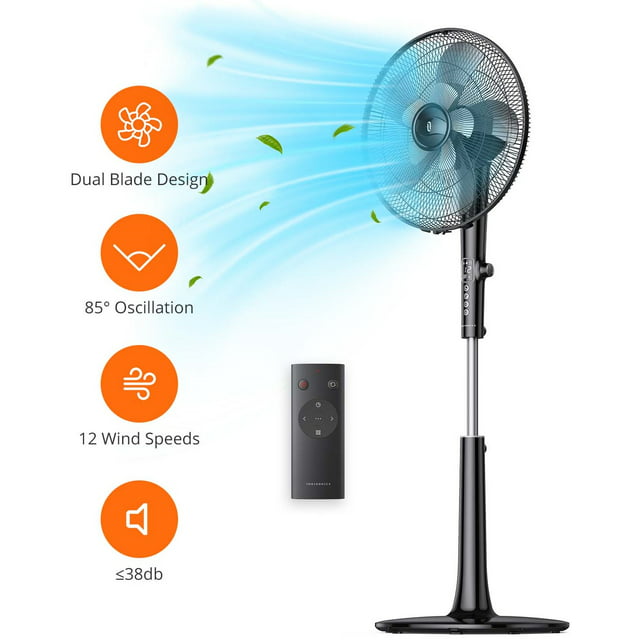 TaoTronics Pedestal Fan, 16" Adjustable Oscillating DC Fan with Remote, 12-Speed, 3-Modes, Less Noise Cooling Fan, Black