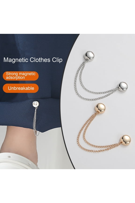 2Pcs Multi-Function Magnetic Clothing Clip with Chain Multi-Purpose Pinless Metal Buttons Clip Clothes Scarf Trouser Legs Cuff Fixing Magnet Pin -Button Clamp