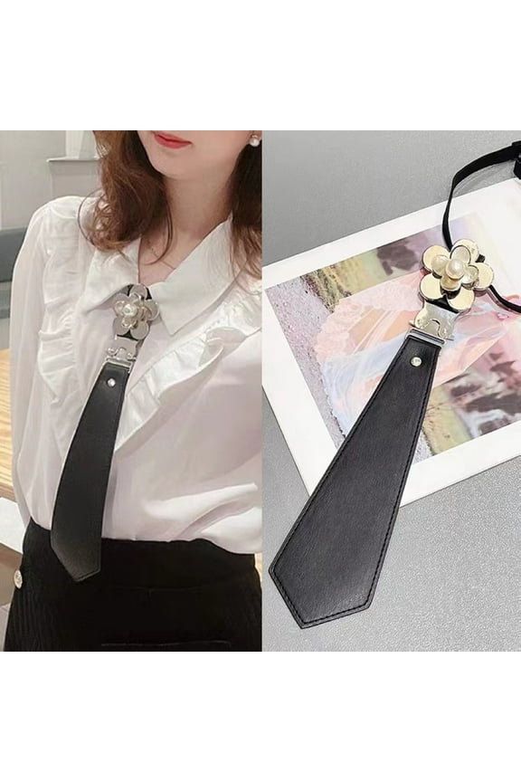 Faux Leather Necktie with Metal Buckle Faux Pearl Flower Design Japanese Punk Style Adjustable Neck Tie Women Shirt Accessories