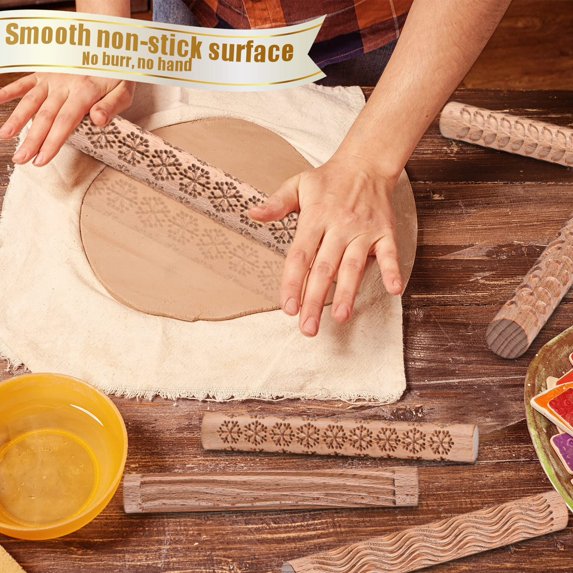 Taolixe Wooden Rolling Pin Clear Texture Leaves Snowflake Water Ripple Pattern Food Grade Slab Roller Printing Handmade Pottery Clay Stamp Embossed Roller Tool Kitchen Accessories