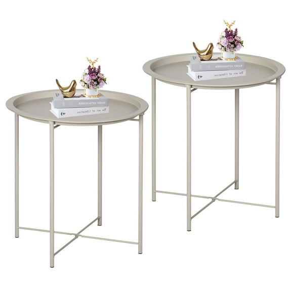 Taomika Beige Side Table / End Table with Round Removable Tray, Set of 2