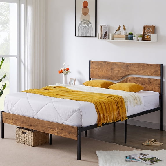 Taomika Full Size Platform Bed Frame/Mattress Foundation Queen Size With Rustic Vintage Wood Headboard, Strong Metal Slats Support, No Box Spring Needed, Brown Bed Frames
