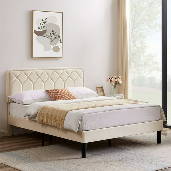Taomika, Full Size Tufted Nailhead Upholstered Platform Bed Frame with Adjustable Headboard-Beige