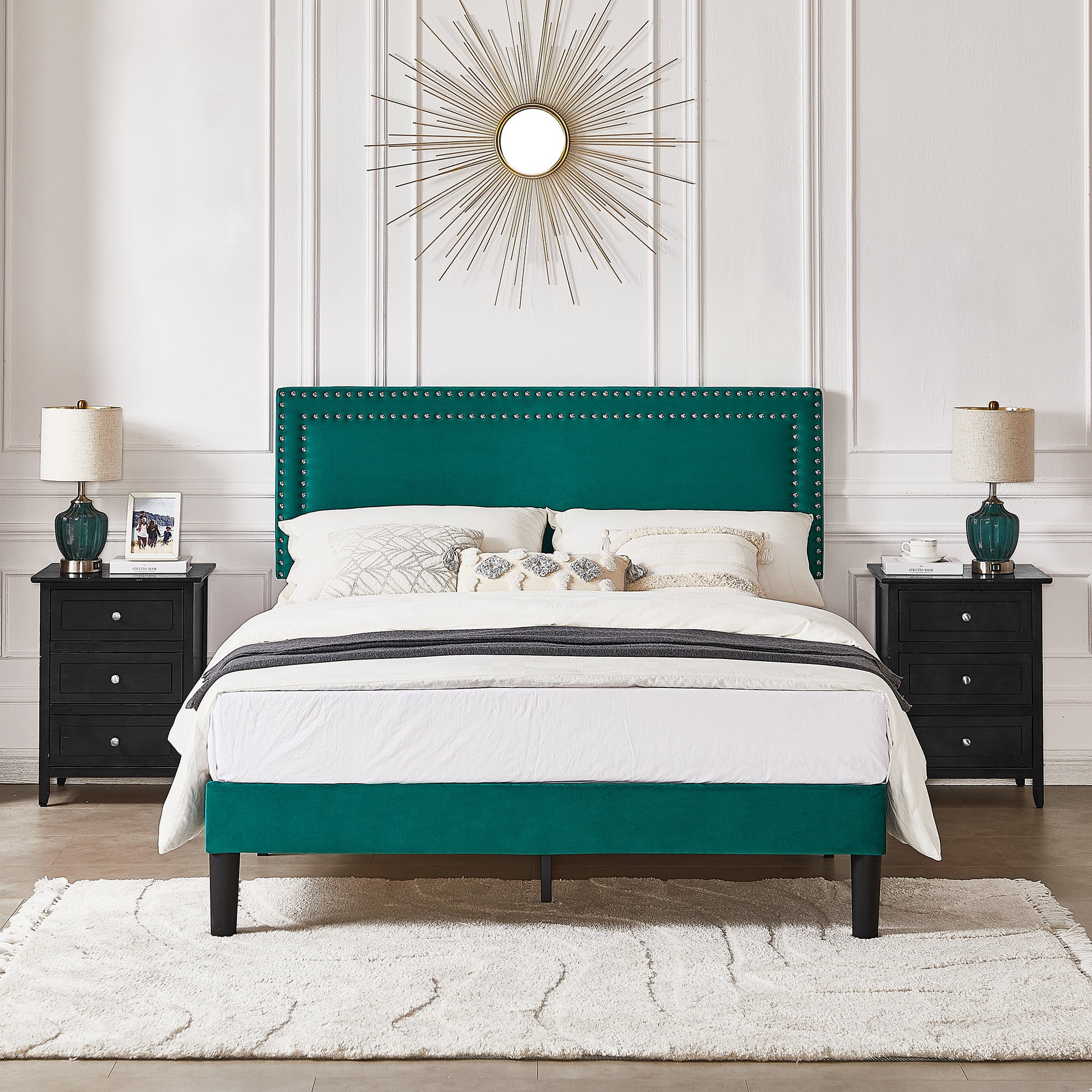 Green fabric headboard deals