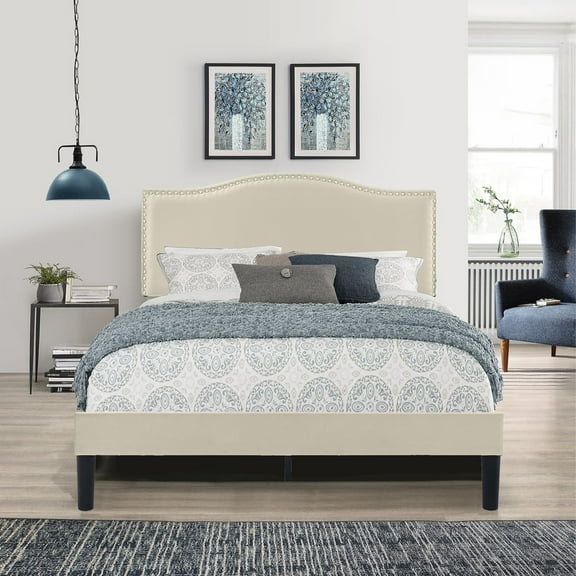 Taomika, Full Size Tufted Upholstered Platform Bed Frame with Adjustable Height Headboard-Beige
