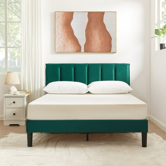 Taomika, Full Size Tufted Upholstered Platform Bed Frame with Adjustable Height Headboard-Dark Green