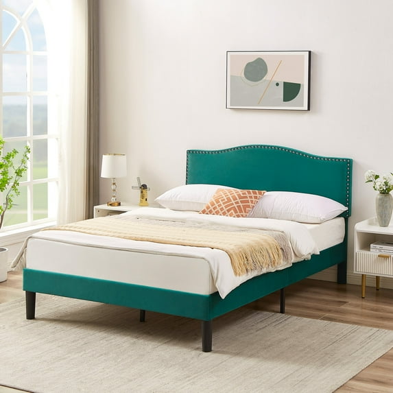 Taomika, Full Size Tufted Upholstered Platform Bed Frame with Adjustable Height Headboard-Dark Green