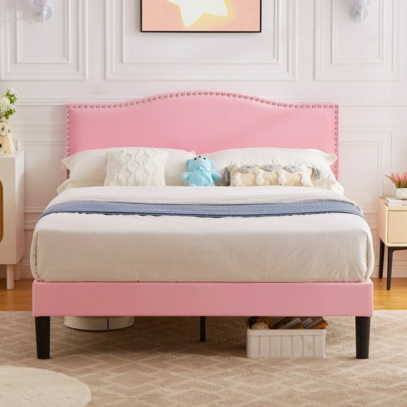 Taomika, Full Size Tufted Upholstered Platform Bed Frame with Adjustable Height Headboard-Pink