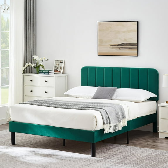 Taomika, Full Size Upholstered Platform Bed Frame with Adjustable Headboard-Dark Green