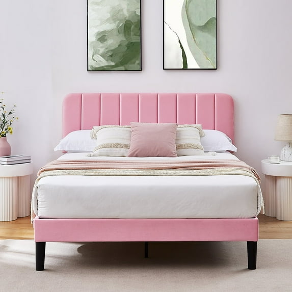 Taomika, Full Size Upholstered Platform Bed Frame with Adjustable Headboard-Pink