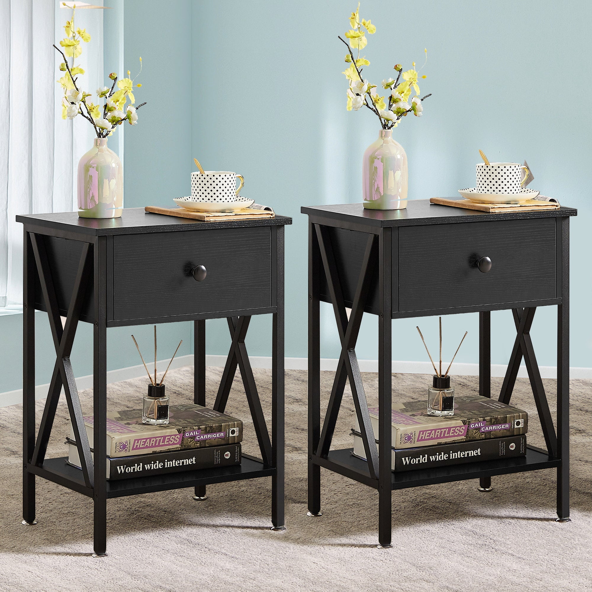 Taomika Mid Century Modern Nightstand with Storage Shelves, Set of 2