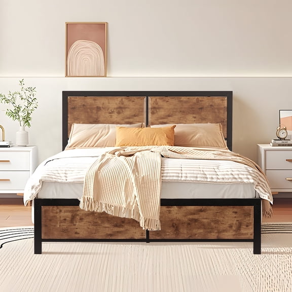 Taomika Platform Twin Size Bed Frame With Wood Headboard, Brown Bed Frames