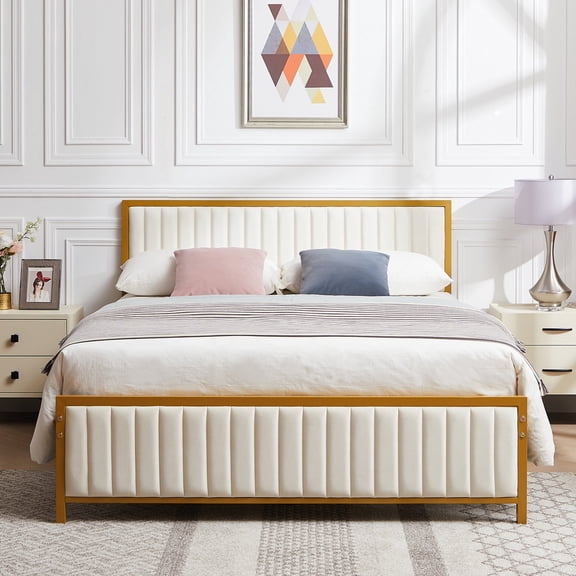 Taomika Queen Size Modern Faux Leather Upholstered Platform Bed, Beige Bed Frame