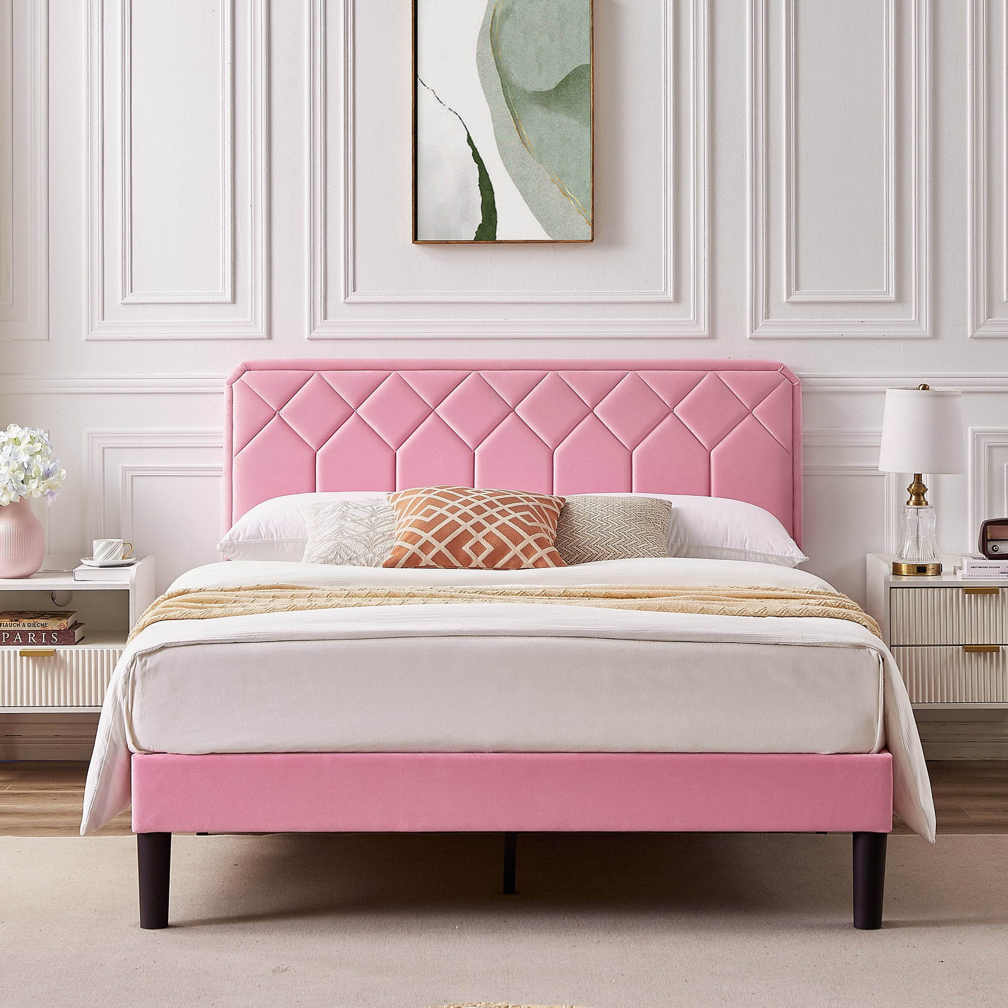 Taomika, Queen Size Tufted Nailhead Upholstered Platform Bed Frame with ...