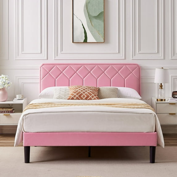 Taomika, Queen Size Tufted Nailhead Upholstered Platform Bed Frame with Adjustable Headboard-Pink