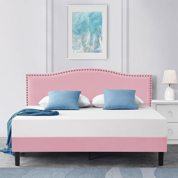 Taomika, Queen Size Tufted Upholstered Platform Bed Frame with Adjustable Height Headboard-Pink
