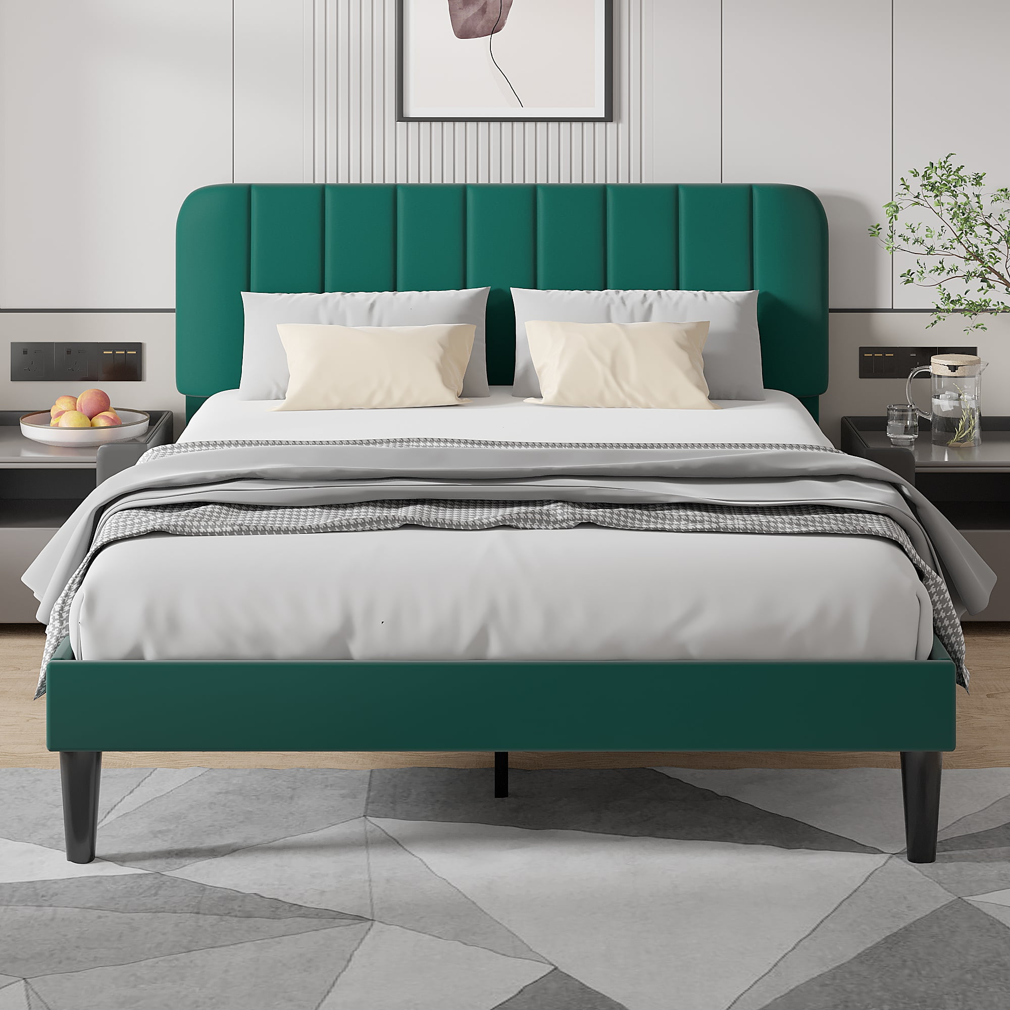 Taomika, Queen Size Upholstered Platform Bed Frame with Adjustable Headboard-Dark Green