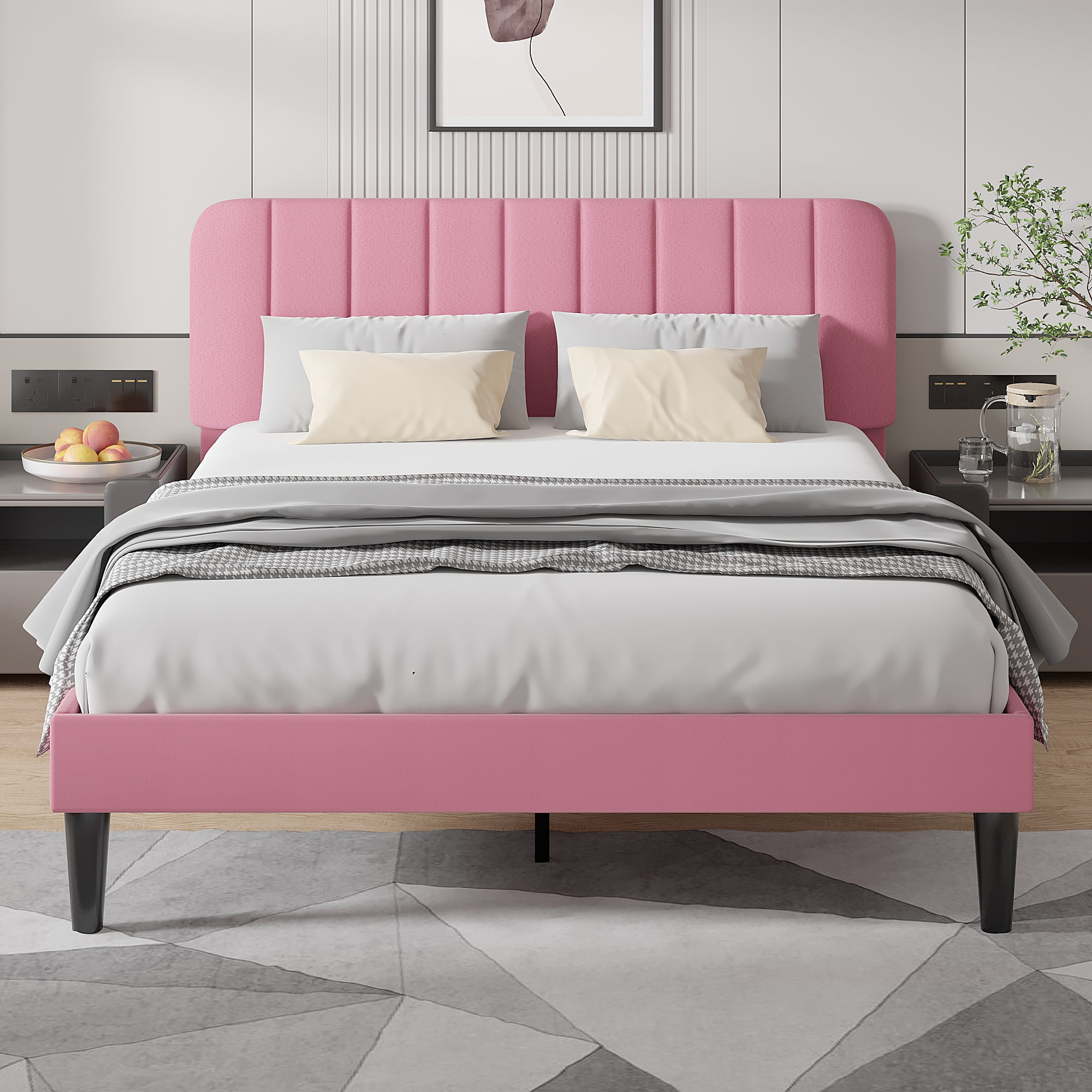 Taomika, Queen Size Upholstered Platform Bed Frame with Adjustable Headboard-Pink
